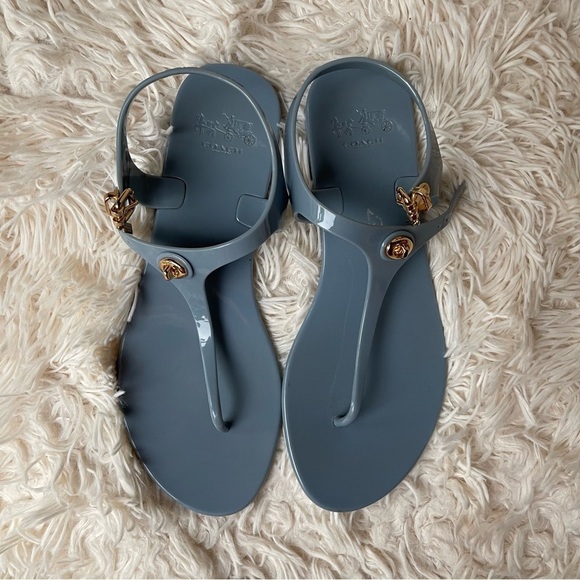 Coach pelican T-strap jelly sandal dust blue with gold accents size 38 or 7.5 - Picture 2 of 10